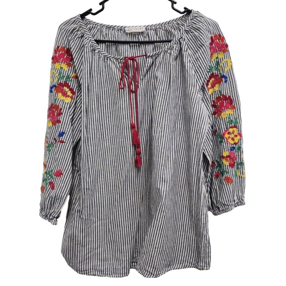 Westport Womens BOHO Peasant Top Size Large Navy Embroidered Striped 3/4 Sleeve